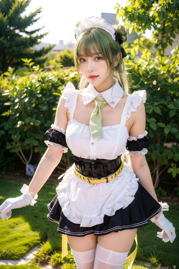   AI美女拟实写真：绿发女仆装白衫黑短裙，户外绿地街拍性感诱惑与萌系角色扮演第5张图片