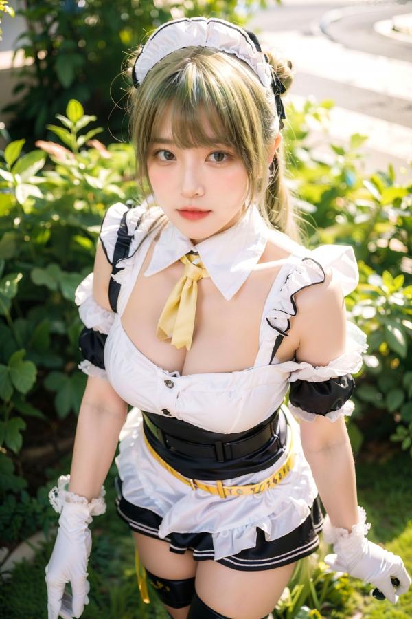   AI美女拟实写真：绿发女仆装白衫黑短裙，户外绿地街拍性感诱惑与萌系角色扮演第8张图片