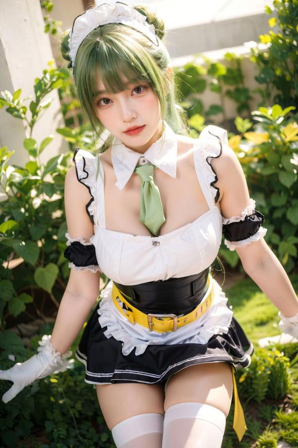   AI美女拟实写真：绿发女仆装白衫黑短裙，户外绿地街拍性感诱惑与萌系角色扮演第9张图片