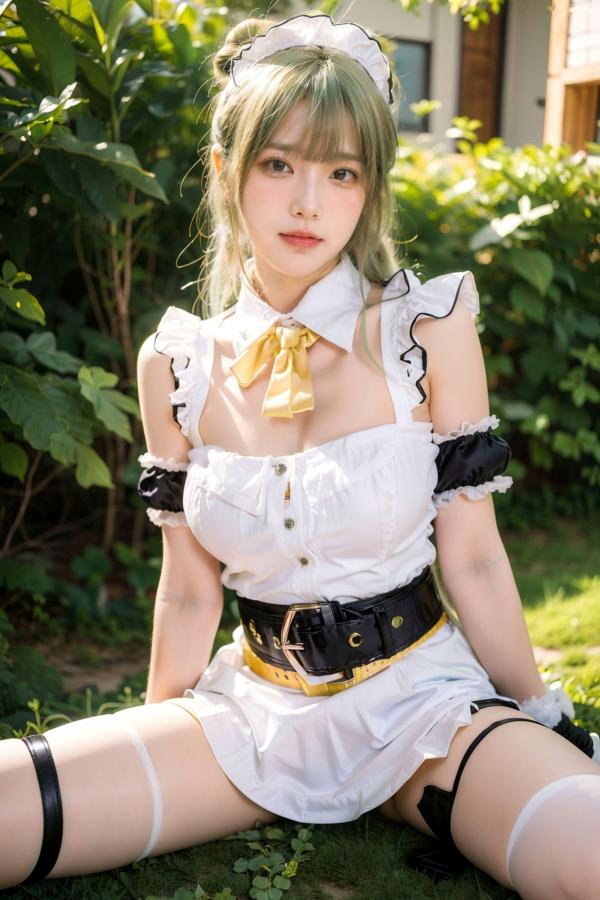   AI美女拟实写真：绿发女仆装白衫黑短裙，户外绿地街拍性感诱惑与萌系角色扮演第11张图片