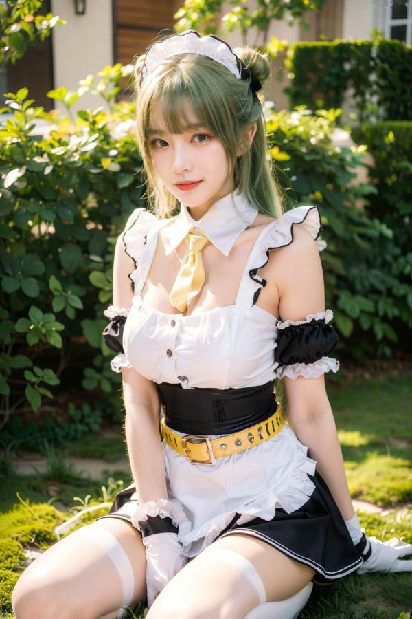   AI美女拟实写真：绿发女仆装白衫黑短裙，户外绿地街拍性感诱惑与萌系角色扮演第12张图片