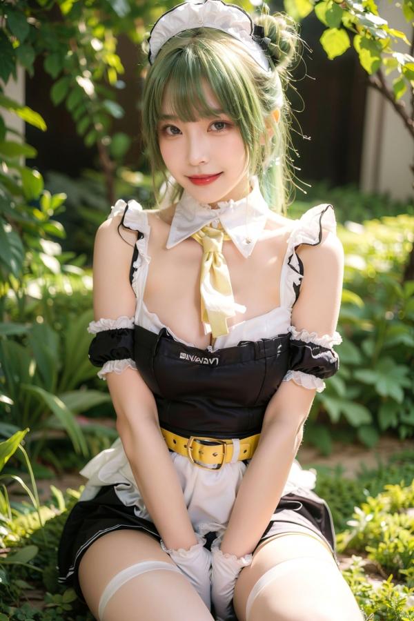   AI美女拟实写真：绿发女仆装白衫黑短裙，户外绿地街拍性感诱惑与萌系角色扮演第25张图片