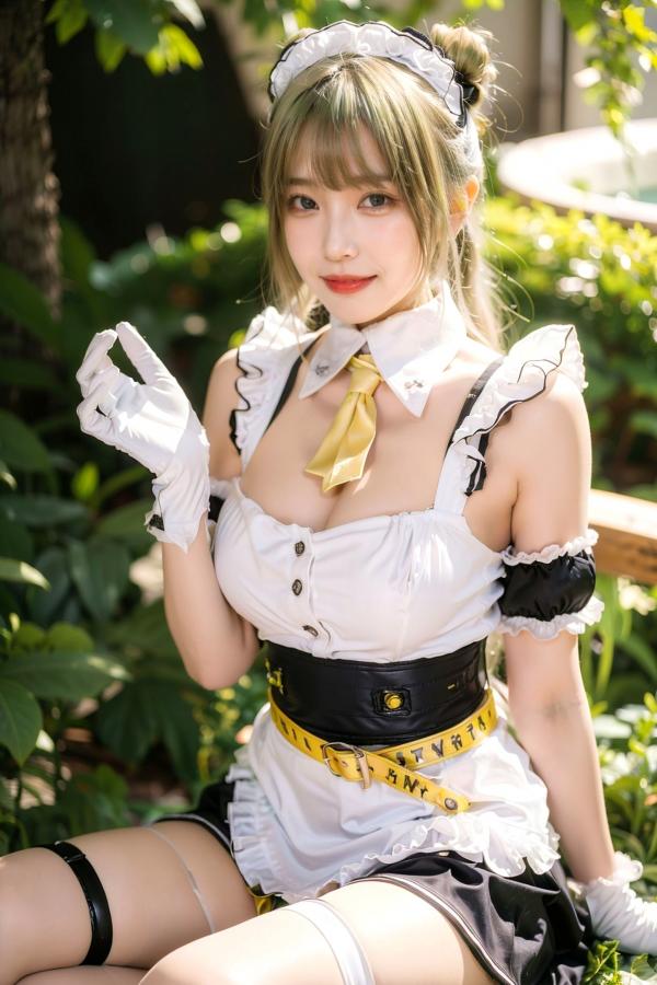   AI美女拟实写真：绿发女仆装白衫黑短裙，户外绿地街拍性感诱惑与萌系角色扮演第26张图片
