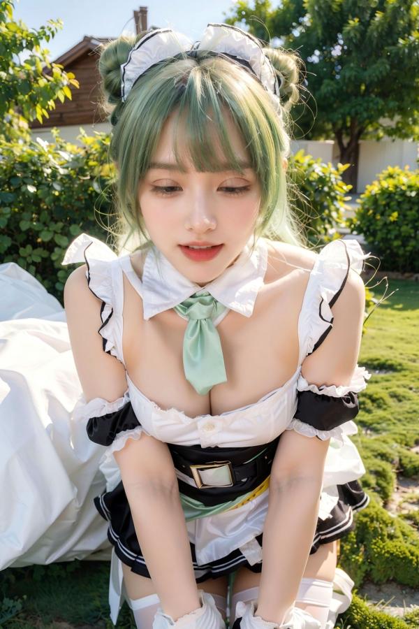   AI美女拟实写真：绿发女仆装白衫黑短裙，户外绿地街拍性感诱惑与萌系角色扮演第29张图片
