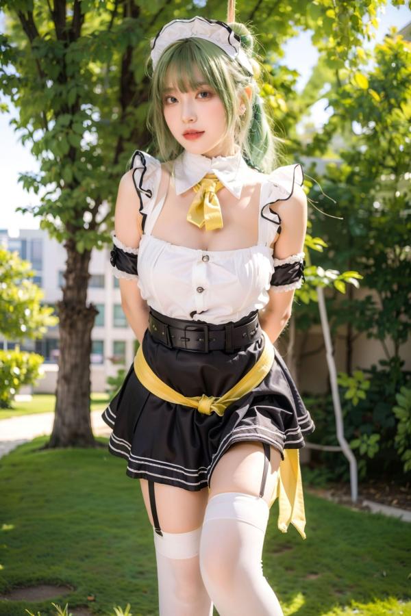   AI美女拟实写真：绿发女仆装白衫黑短裙，户外绿地街拍性感诱惑与萌系角色扮演第32张图片