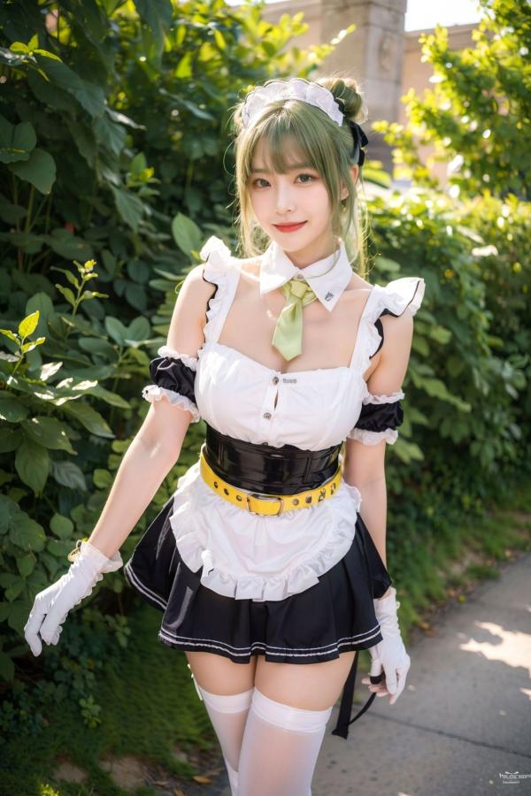   AI美女拟实写真：绿发女仆装白衫黑短裙，户外绿地街拍性感诱惑与萌系角色扮演第34张图片