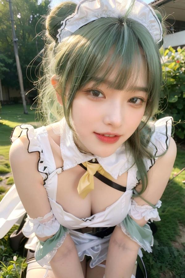   AI美女拟实写真：绿发女仆装白衫黑短裙，户外绿地街拍性感诱惑与萌系角色扮演第36张图片