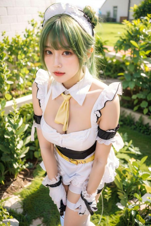   AI美女拟实写真：绿发女仆装白衫黑短裙，户外绿地街拍性感诱惑与萌系角色扮演第38张图片