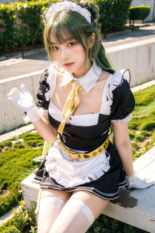   AI美女拟实写真：绿发女仆装白衫黑短裙，户外绿地街拍性感诱惑与萌系角色扮演第40张图片