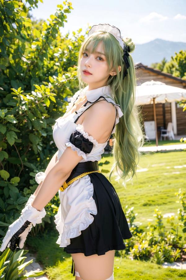   AI美女拟实写真：绿发女仆装白衫黑短裙，户外绿地街拍性感诱惑与萌系角色扮演第41张图片