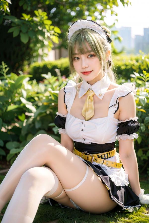   AI美女拟实写真：绿发女仆装白衫黑短裙，户外绿地街拍性感诱惑与萌系角色扮演第42张图片