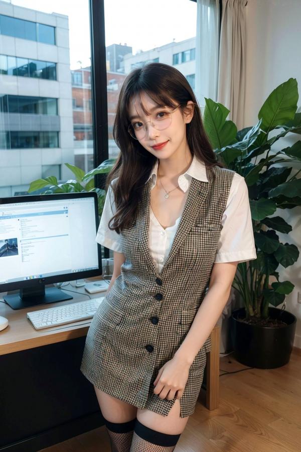   AI美女-拟实-黑色马甲办公室女郎 知性眼镜OL性感诱惑大尺度无圣光写真第1张图片