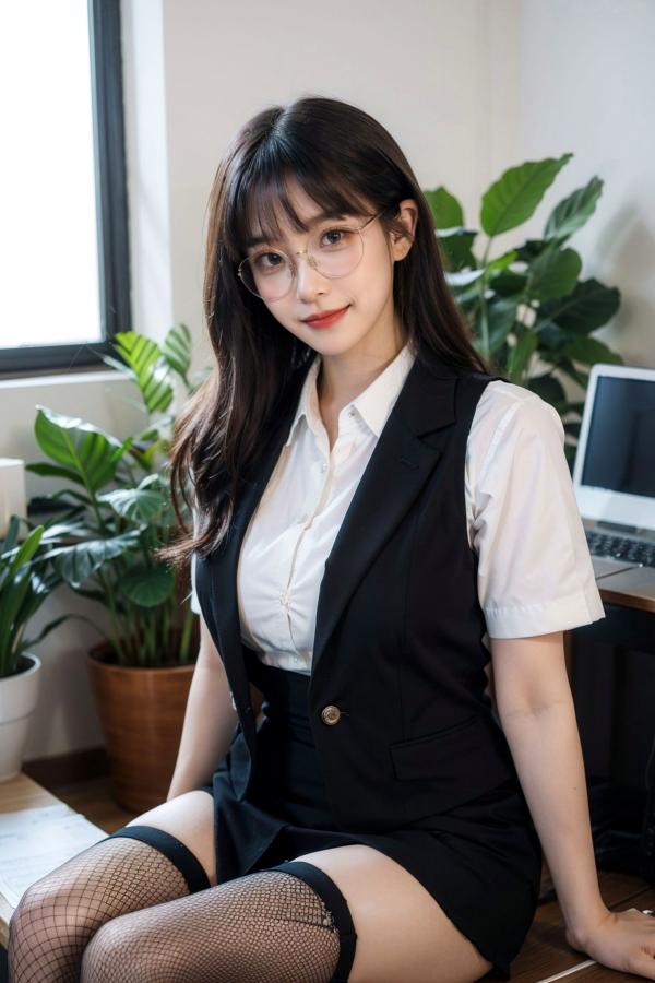   AI美女-拟实-黑色马甲办公室女郎 知性眼镜OL性感诱惑大尺度无圣光写真第2张图片