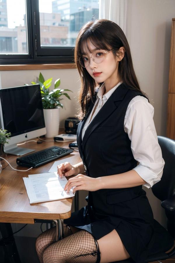   AI美女-拟实-黑色马甲办公室女郎 知性眼镜OL性感诱惑大尺度无圣光写真第3张图片