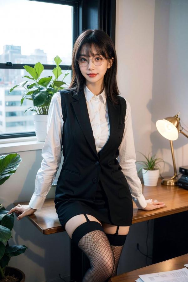   AI美女-拟实-黑色马甲办公室女郎 知性眼镜OL性感诱惑大尺度无圣光写真第4张图片