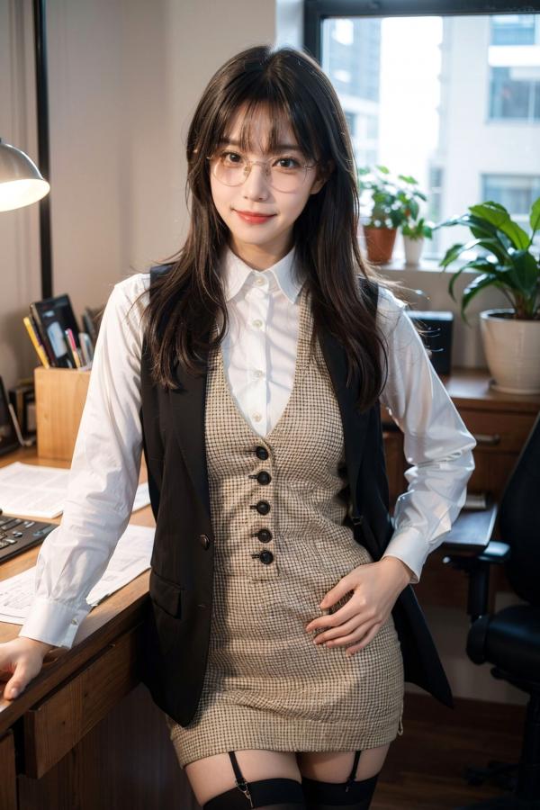   AI美女-拟实-黑色马甲办公室女郎 知性眼镜OL性感诱惑大尺度无圣光写真第5张图片