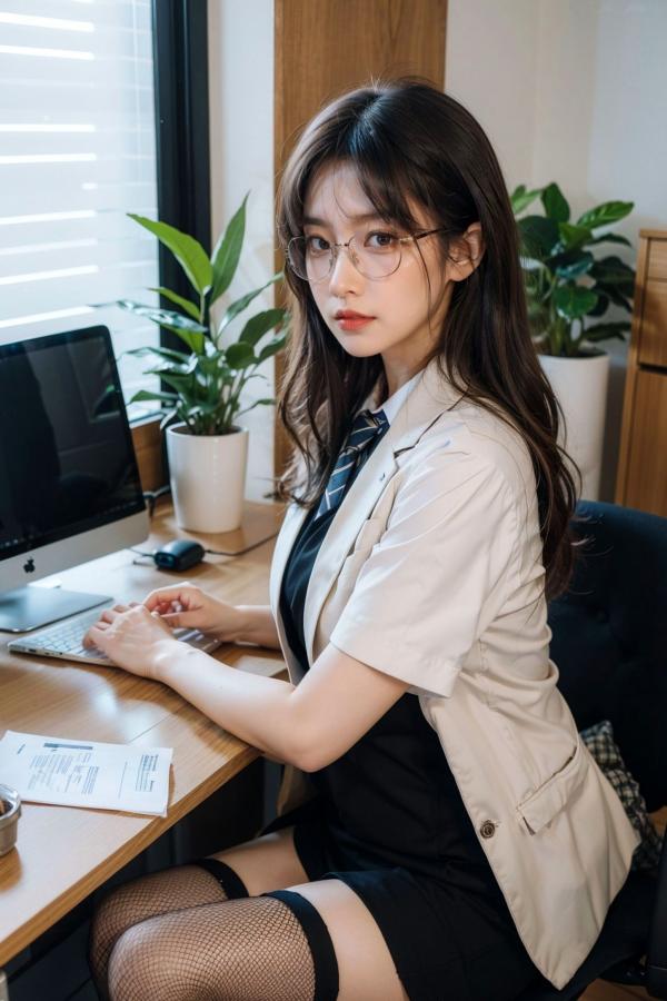   AI美女-拟实-黑色马甲办公室女郎 知性眼镜OL性感诱惑大尺度无圣光写真第7张图片