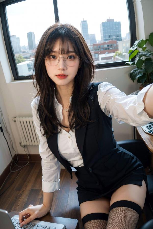   AI美女-拟实-黑色马甲办公室女郎 知性眼镜OL性感诱惑大尺度无圣光写真第8张图片