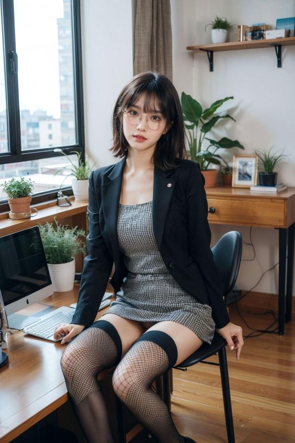   AI美女-拟实-黑色马甲办公室女郎 知性眼镜OL性感诱惑大尺度无圣光写真第9张图片