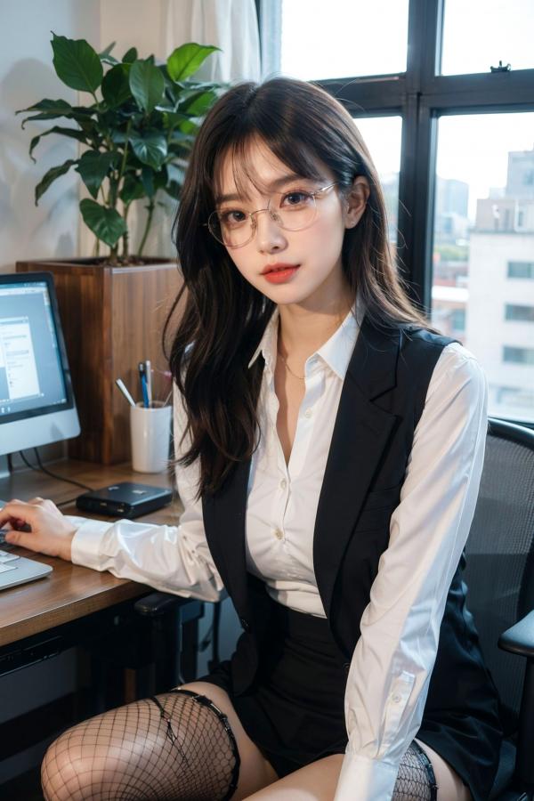   AI美女-拟实-黑色马甲办公室女郎 知性眼镜OL性感诱惑大尺度无圣光写真第10张图片