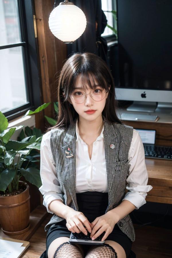   AI美女-拟实-黑色马甲办公室女郎 知性眼镜OL性感诱惑大尺度无圣光写真第11张图片