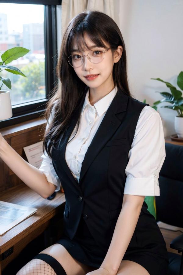   AI美女-拟实-黑色马甲办公室女郎 知性眼镜OL性感诱惑大尺度无圣光写真第12张图片