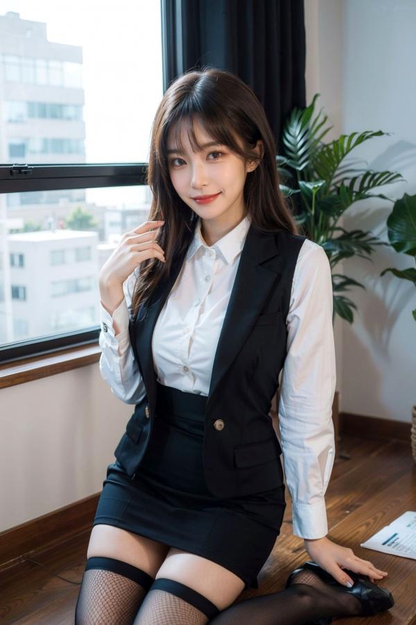   AI美女-拟实-黑色马甲办公室女郎 知性眼镜OL性感诱惑大尺度无圣光写真第13张图片