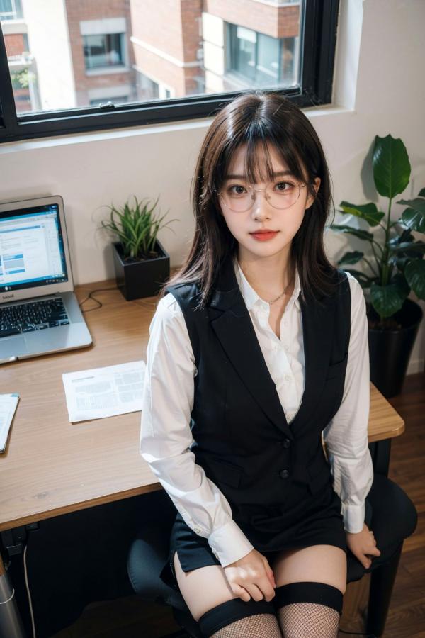   AI美女-拟实-黑色马甲办公室女郎 知性眼镜OL性感诱惑大尺度无圣光写真第14张图片