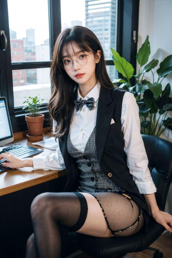   AI美女-拟实-黑色马甲办公室女郎 知性眼镜OL性感诱惑大尺度无圣光写真第15张图片