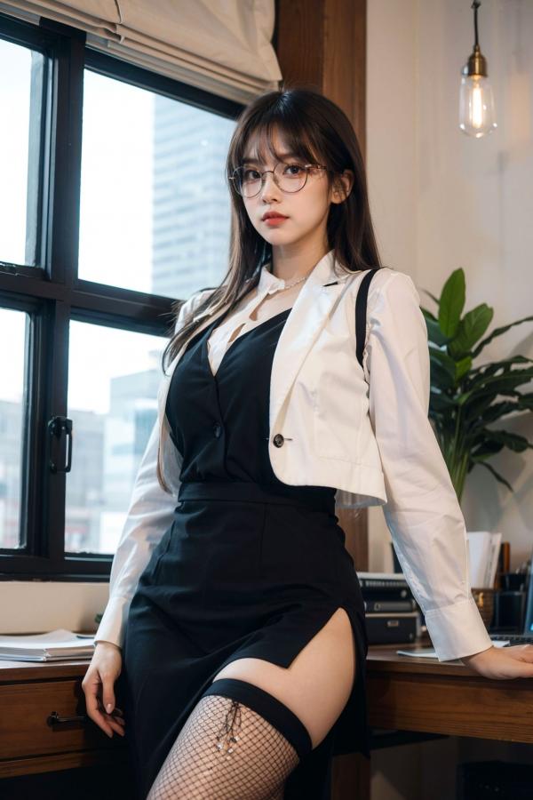   AI美女-拟实-黑色马甲办公室女郎 知性眼镜OL性感诱惑大尺度无圣光写真第17张图片