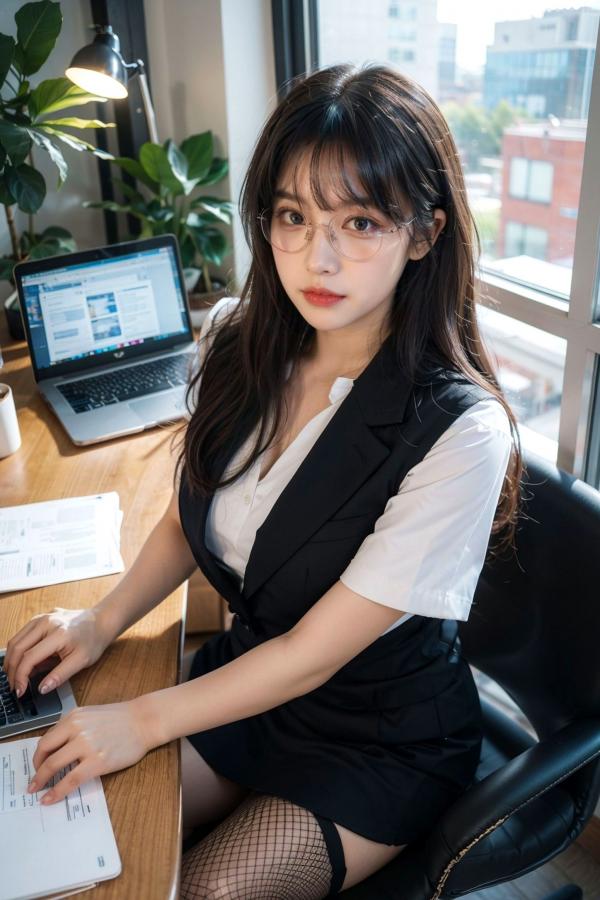   AI美女-拟实-黑色马甲办公室女郎 知性眼镜OL性感诱惑大尺度无圣光写真第18张图片