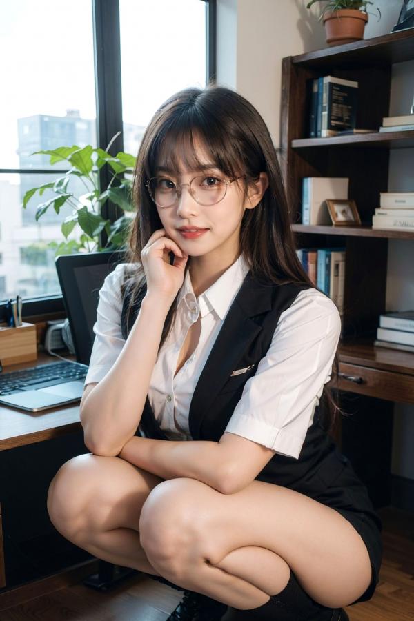   AI美女-拟实-黑色马甲办公室女郎 知性眼镜OL性感诱惑大尺度无圣光写真第19张图片