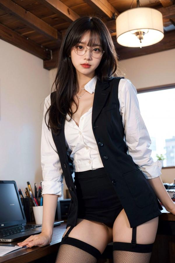   AI美女-拟实-黑色马甲办公室女郎 知性眼镜OL性感诱惑大尺度无圣光写真第20张图片