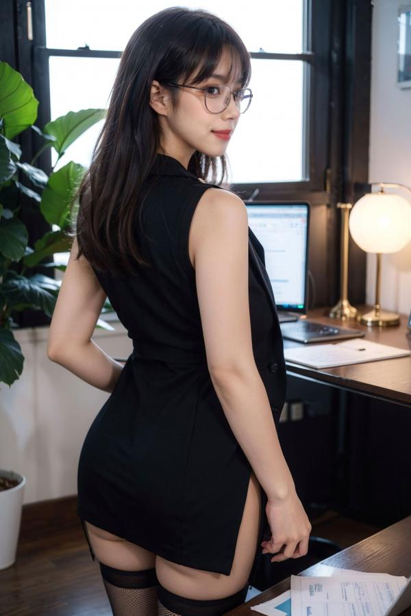   AI美女-拟实-黑色马甲办公室女郎 知性眼镜OL性感诱惑大尺度无圣光写真第22张图片