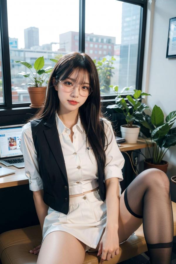   AI美女-拟实-黑色马甲办公室女郎 知性眼镜OL性感诱惑大尺度无圣光写真第23张图片
