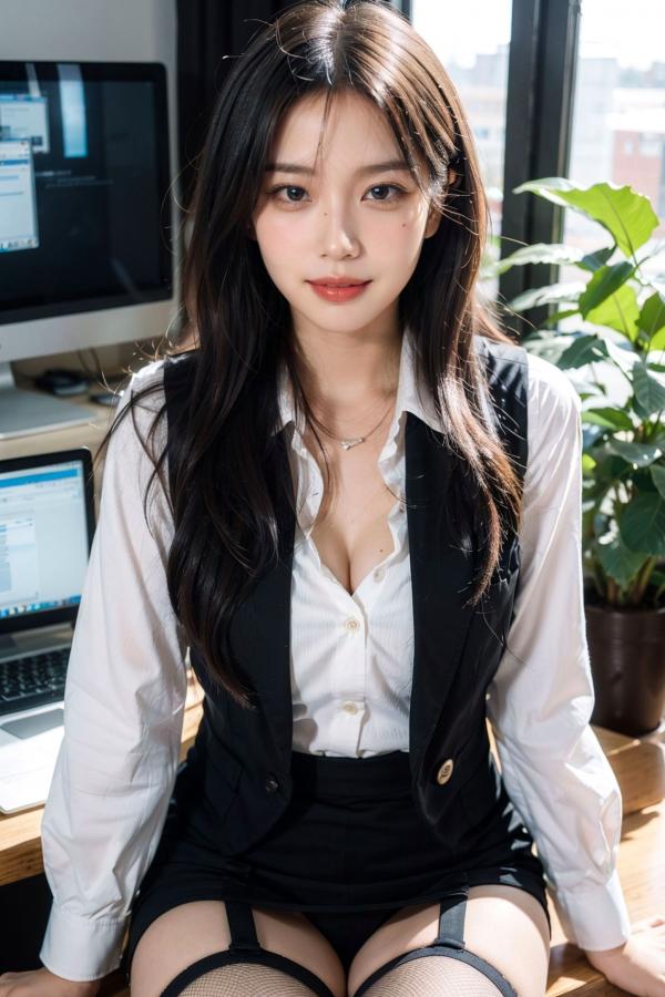   AI美女-拟实-黑色马甲办公室女郎 知性眼镜OL性感诱惑大尺度无圣光写真第24张图片