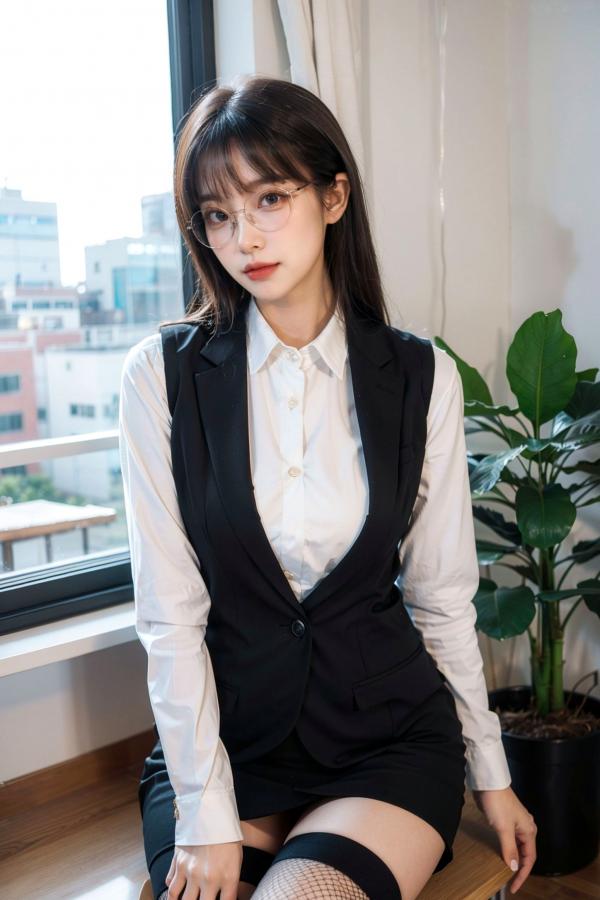   AI美女-拟实-黑色马甲办公室女郎 知性眼镜OL性感诱惑大尺度无圣光写真第32张图片