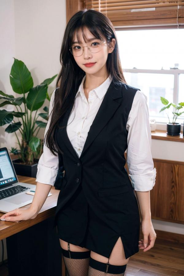   AI美女-拟实-黑色马甲办公室女郎 知性眼镜OL性感诱惑大尺度无圣光写真第34张图片