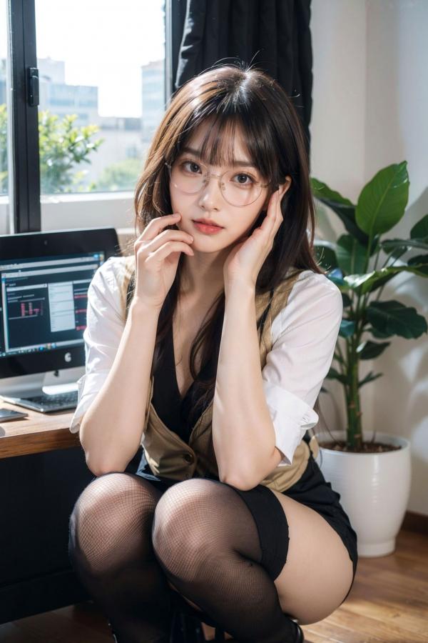   AI美女-拟实-黑色马甲办公室女郎 知性眼镜OL性感诱惑大尺度无圣光写真第35张图片