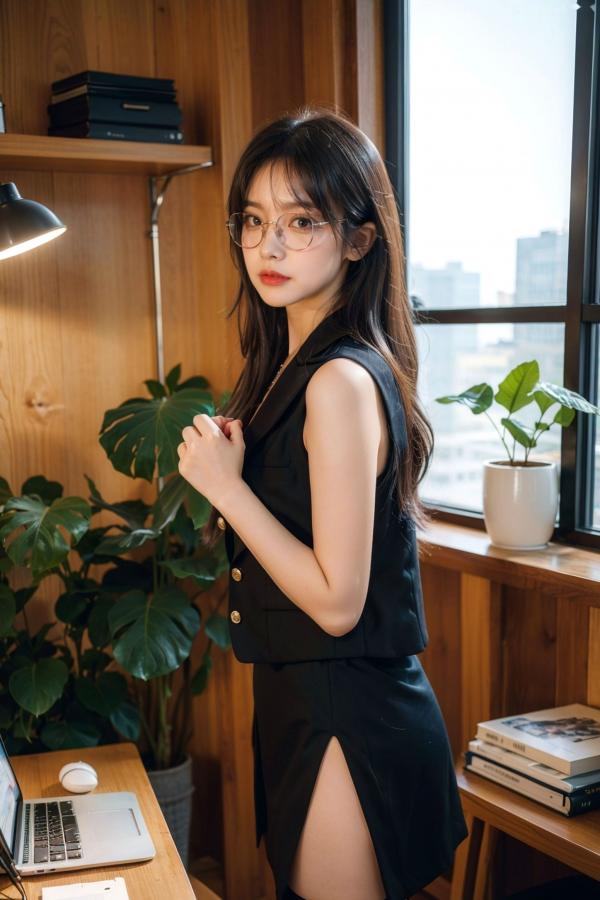   AI美女-拟实-黑色马甲办公室女郎 知性眼镜OL性感诱惑大尺度无圣光写真第36张图片