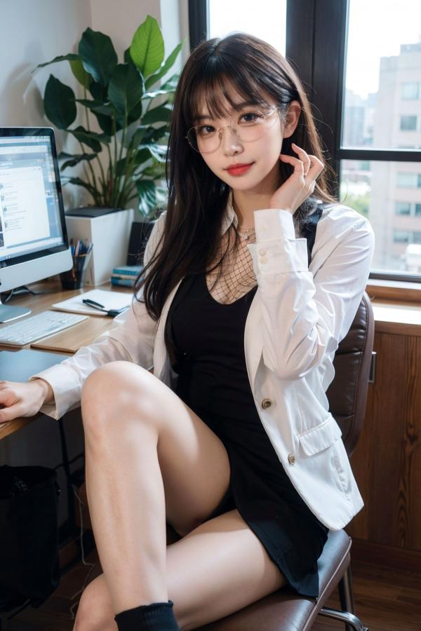   AI美女-拟实-黑色马甲办公室女郎 知性眼镜OL性感诱惑大尺度无圣光写真第39张图片