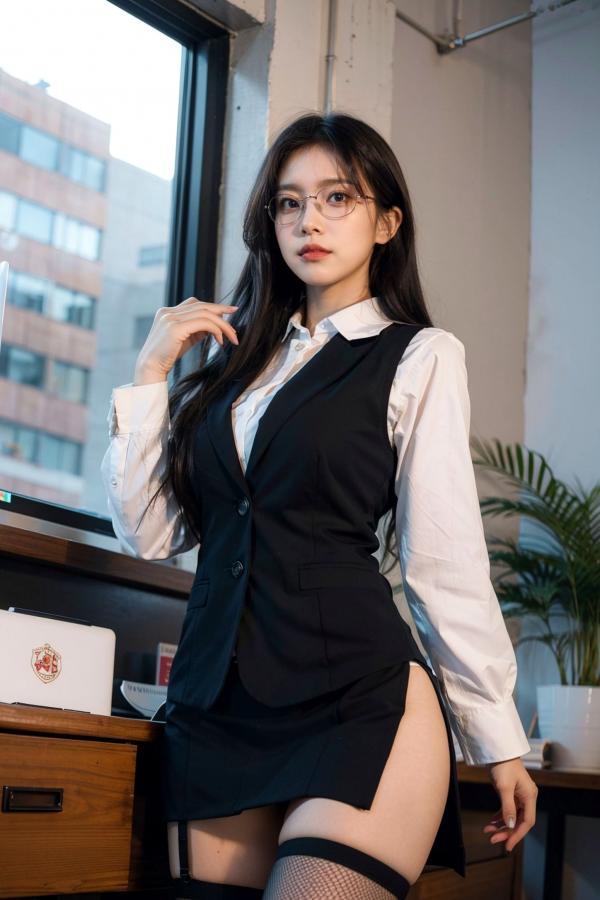   AI美女-拟实-黑色马甲办公室女郎 知性眼镜OL性感诱惑大尺度无圣光写真第45张图片