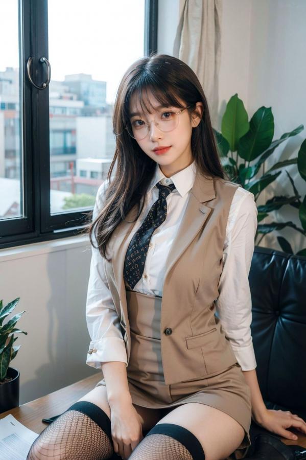   AI美女-拟实-黑色马甲办公室女郎 知性眼镜OL性感诱惑大尺度无圣光写真第46张图片