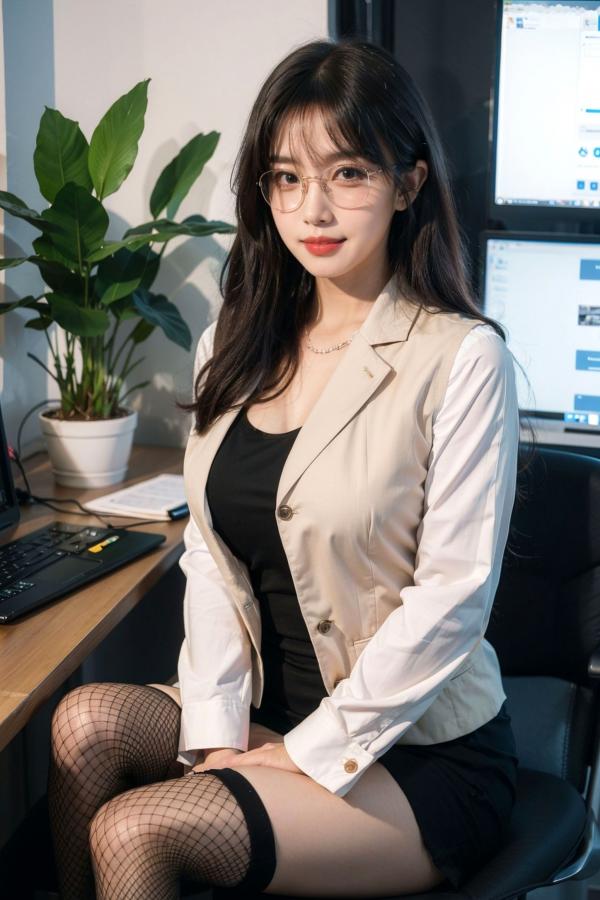   AI美女-拟实-黑色马甲办公室女郎 知性眼镜OL性感诱惑大尺度无圣光写真第56张图片