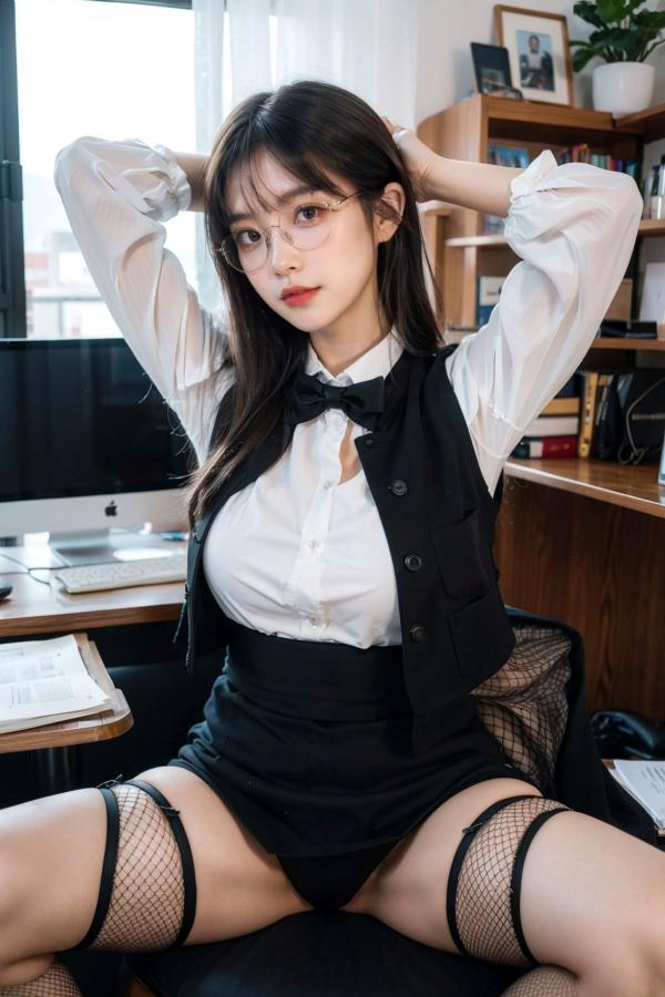   AI美女-拟实-黑色马甲办公室女郎 知性眼镜OL性感诱惑大尺度无圣光写真第57张图片