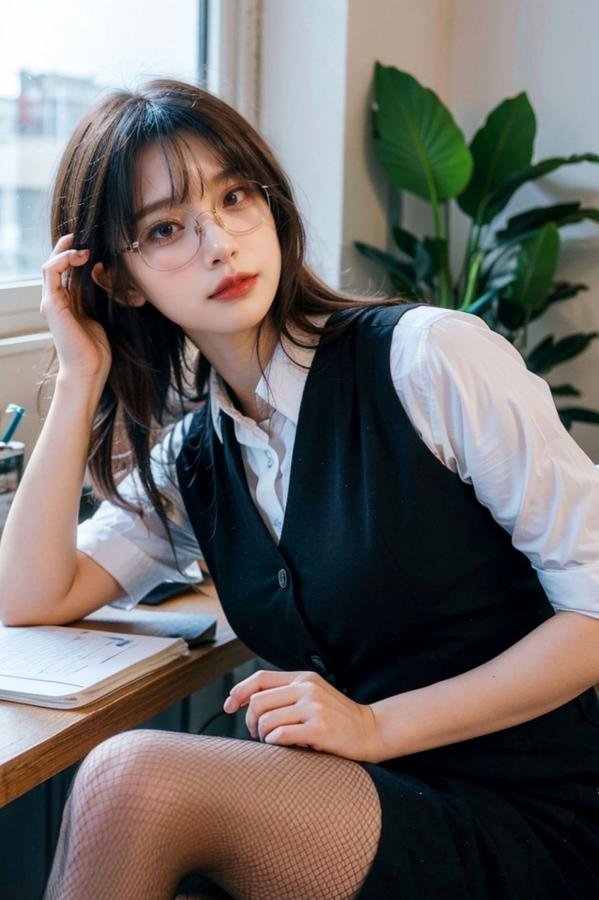   AI美女-拟实-黑色马甲办公室女郎 知性眼镜OL性感诱惑大尺度无圣光写真第63张图片