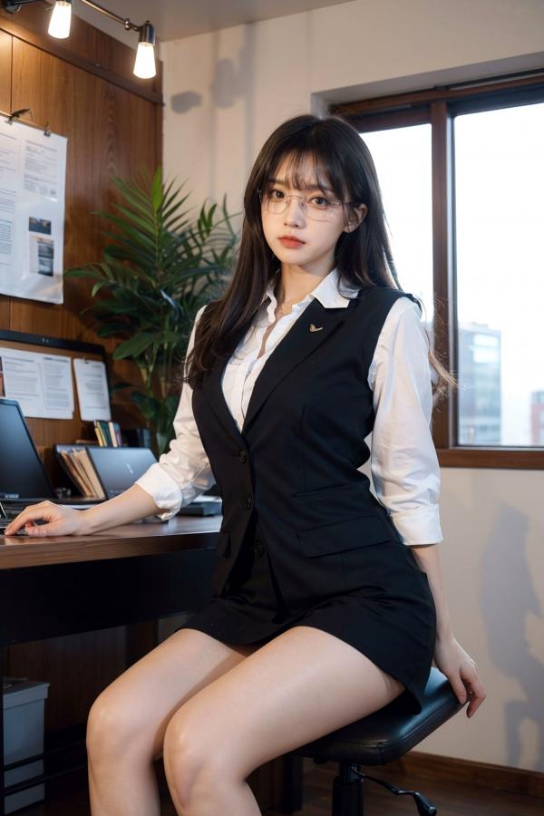   AI美女-拟实-黑色马甲办公室女郎 知性眼镜OL性感诱惑大尺度无圣光写真第66张图片