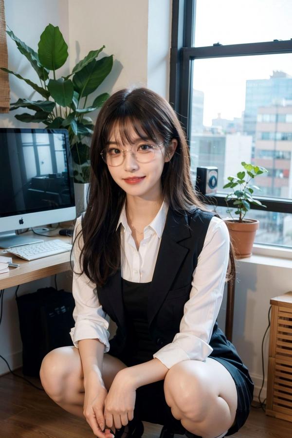   AI美女-拟实-黑色马甲办公室女郎 知性眼镜OL性感诱惑大尺度无圣光写真第67张图片