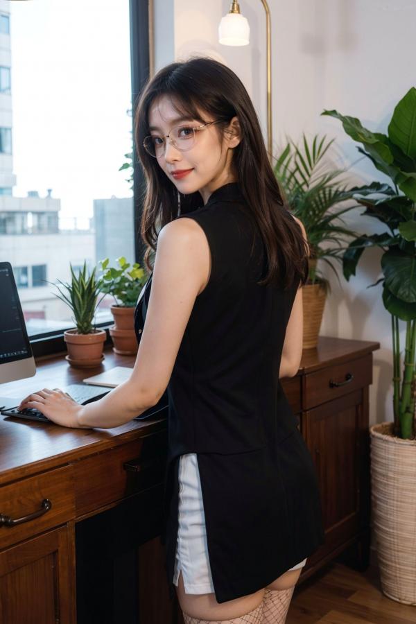   AI美女-拟实-黑色马甲办公室女郎 知性眼镜OL性感诱惑大尺度无圣光写真第68张图片