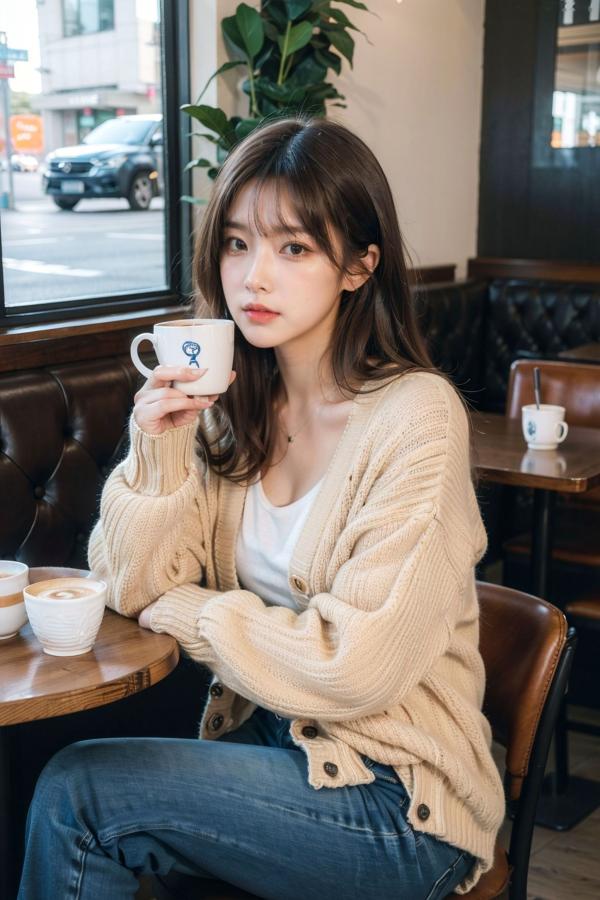    AI美女-拟实-咖啡馆的休闲时光 温暖治愈系性感下午茶写真第2张图片